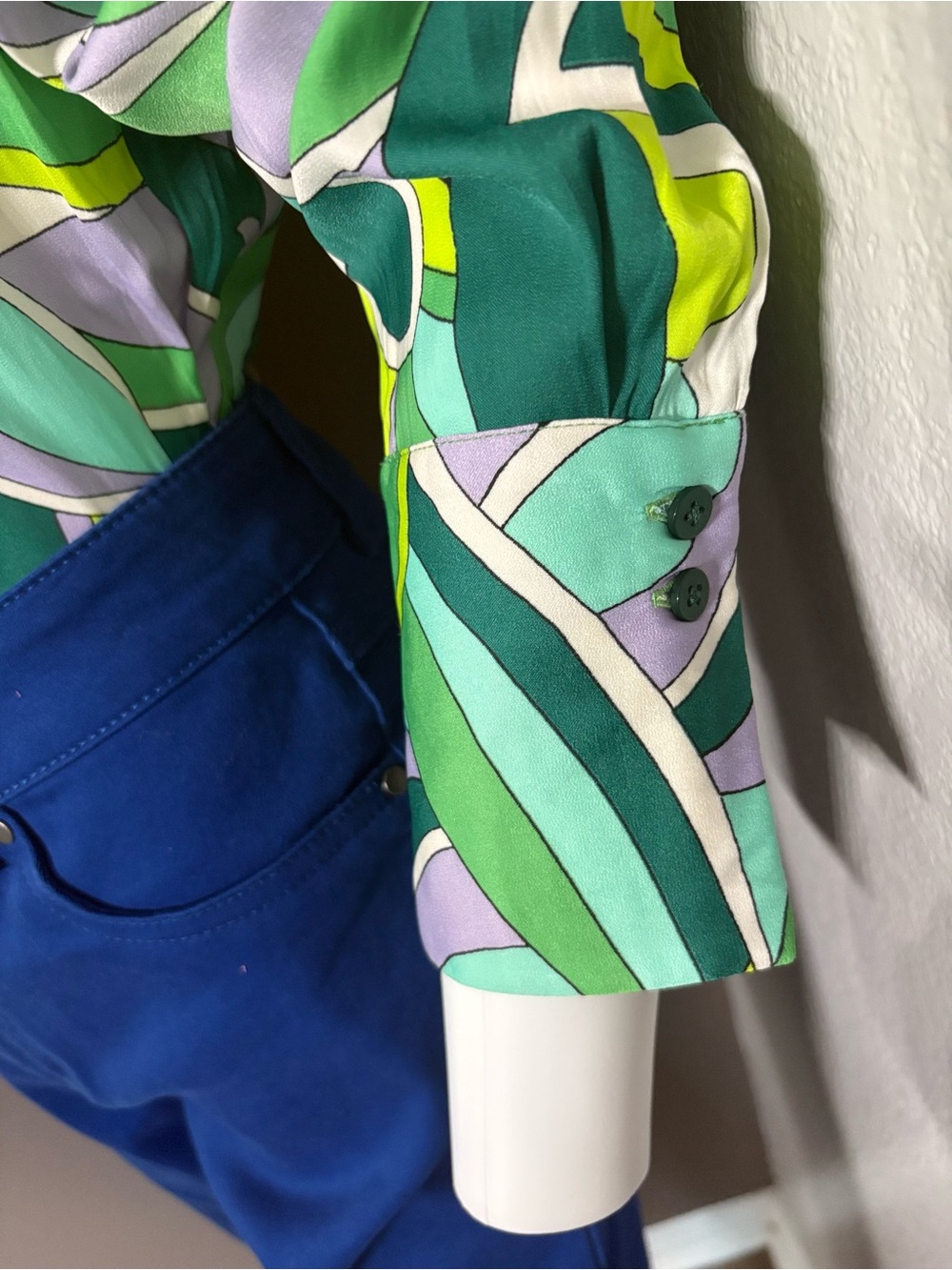 Rachel Zoe Abstract Green, Teal, Lime and Lavender Button-Down Shirt - Picture 4 of 9